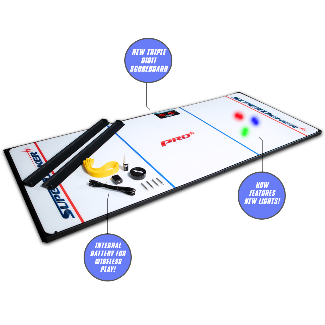 The orignal SuperDeker Hockey Stickhandling Aid is the official training device of Ty Gretzky's Hockey School and a national favorite amoungst beginner level players. Upgrade to the SuperDekerPRO today to advance your level of skill and stickhandling ability with 10 additional hockey training games and modes!